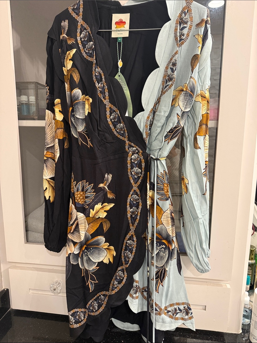 FARM RIO Floral Wrap Dress with Scalloped Trim - Black & Light Blue